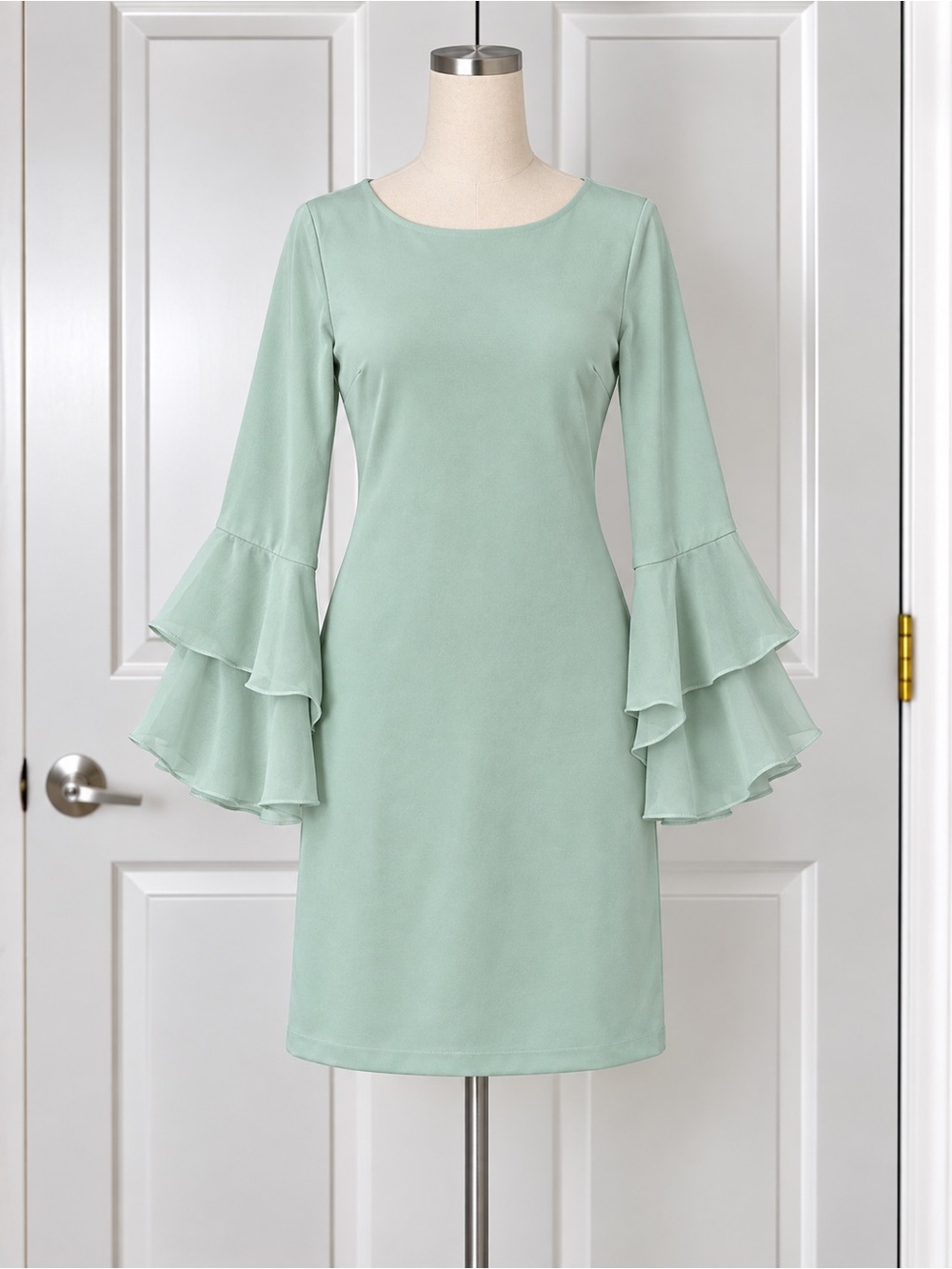 Calvin Klein Women’s Green Solid Sheath Dress 12 Round Neck Bell Sleeve Zip